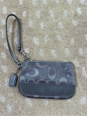 Coach Grey Metallic Signature Wristlet with Pink Interior